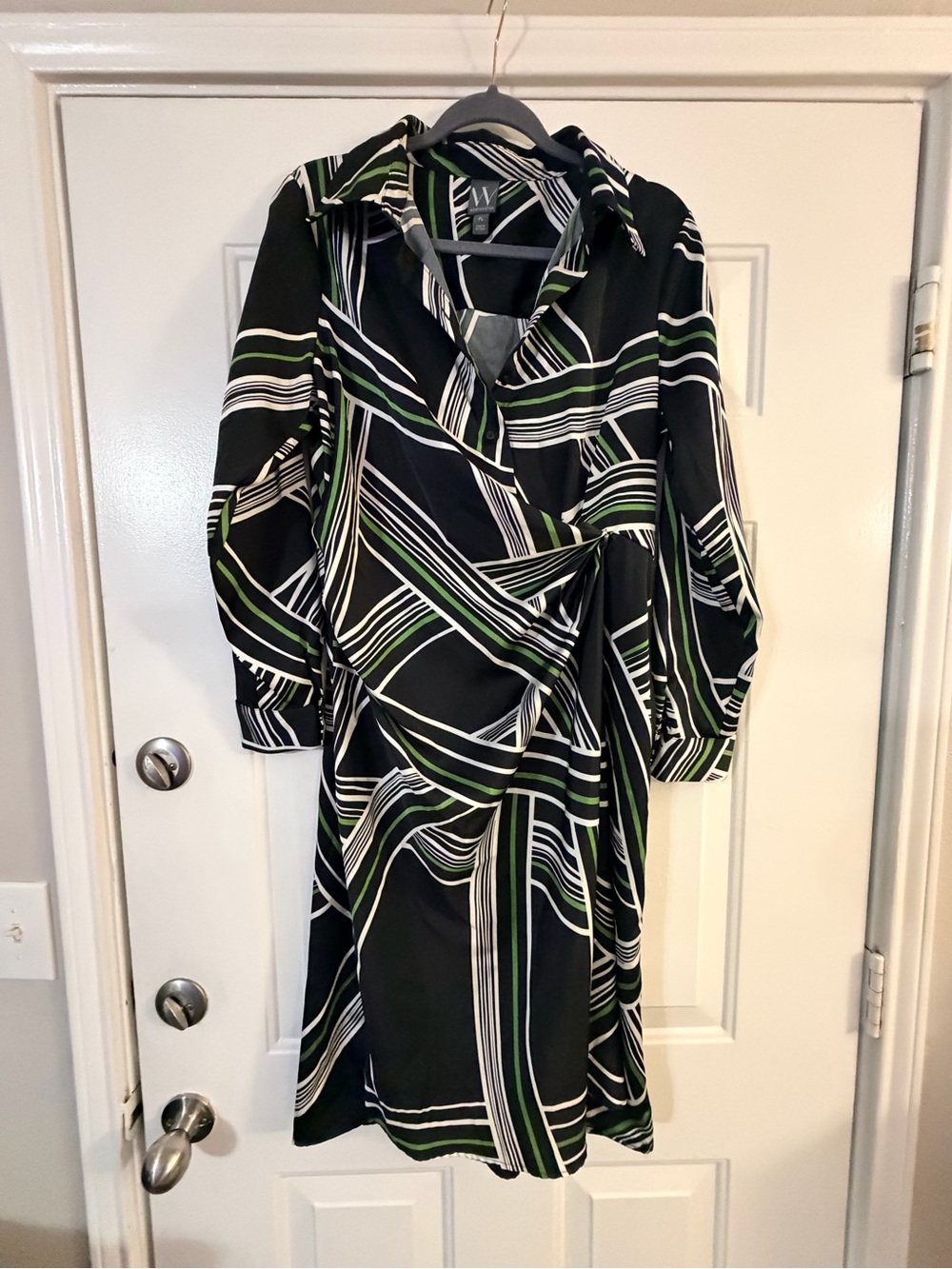 Worthington Black, Green & White Striped Wrap Dress